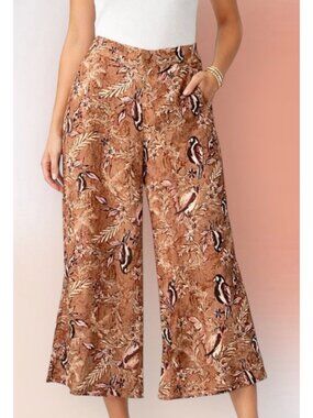 TAHARI 100% Linen Bird Print Wide Leg Cropped Pull On Pants XL Resort Vacation